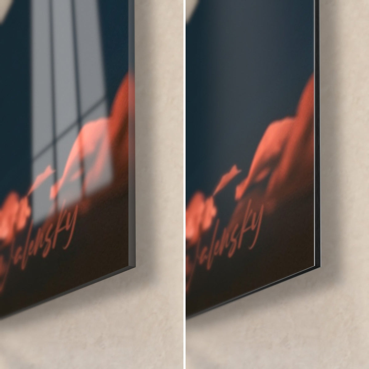 Wall art Ganesh deity, bottom right corner: glossy acrylic glass on the left, matte Dibond aluminium on the right, orange petals on a midnight blue background