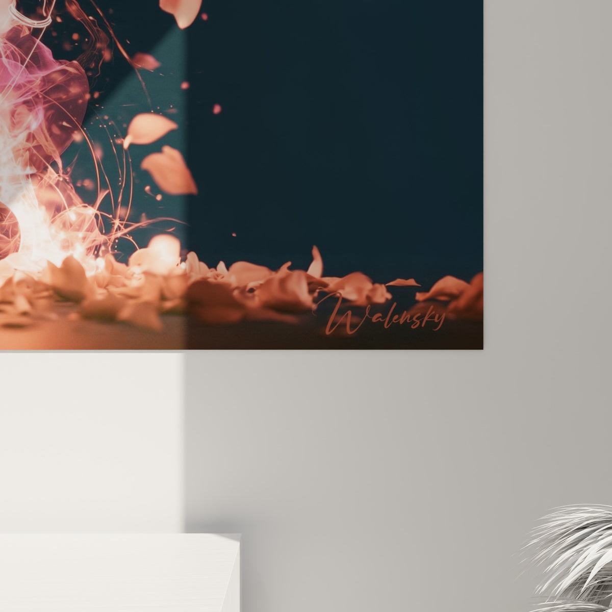 Détail des flammes orangées et des pétales terracotta imprimés sur la toile de Ganesh