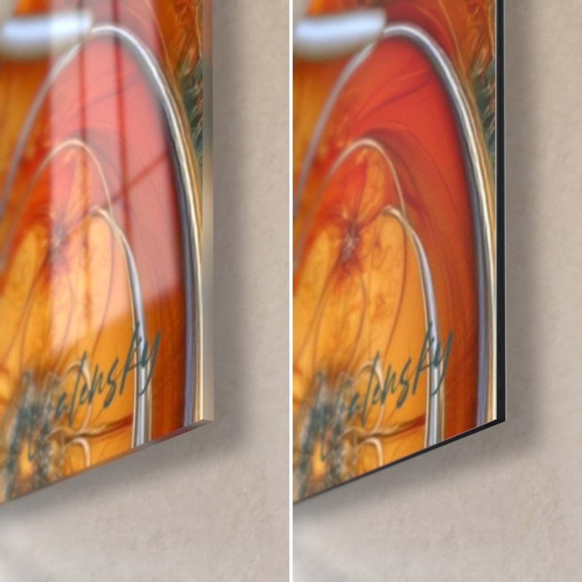 Wall art Golden Ganesh, bottom right corner: glossy orange and red acrylic glass, matte grey Dibond, 3 mm edge