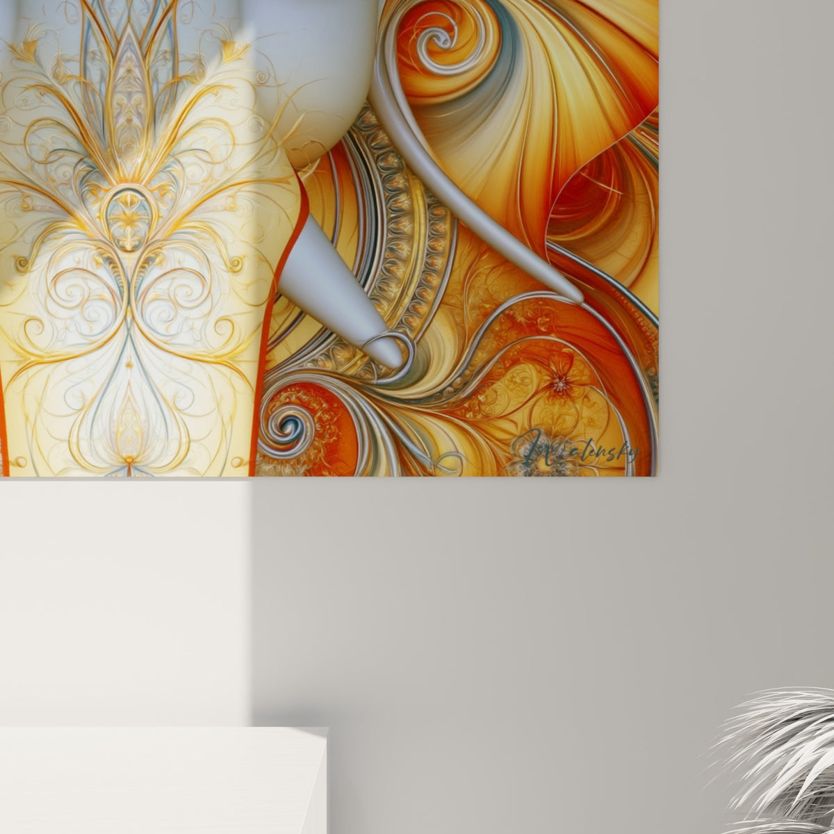 Détail des volutes dorées et terracotta de Ganesh, grain fin et empâtements visibles sur la toile