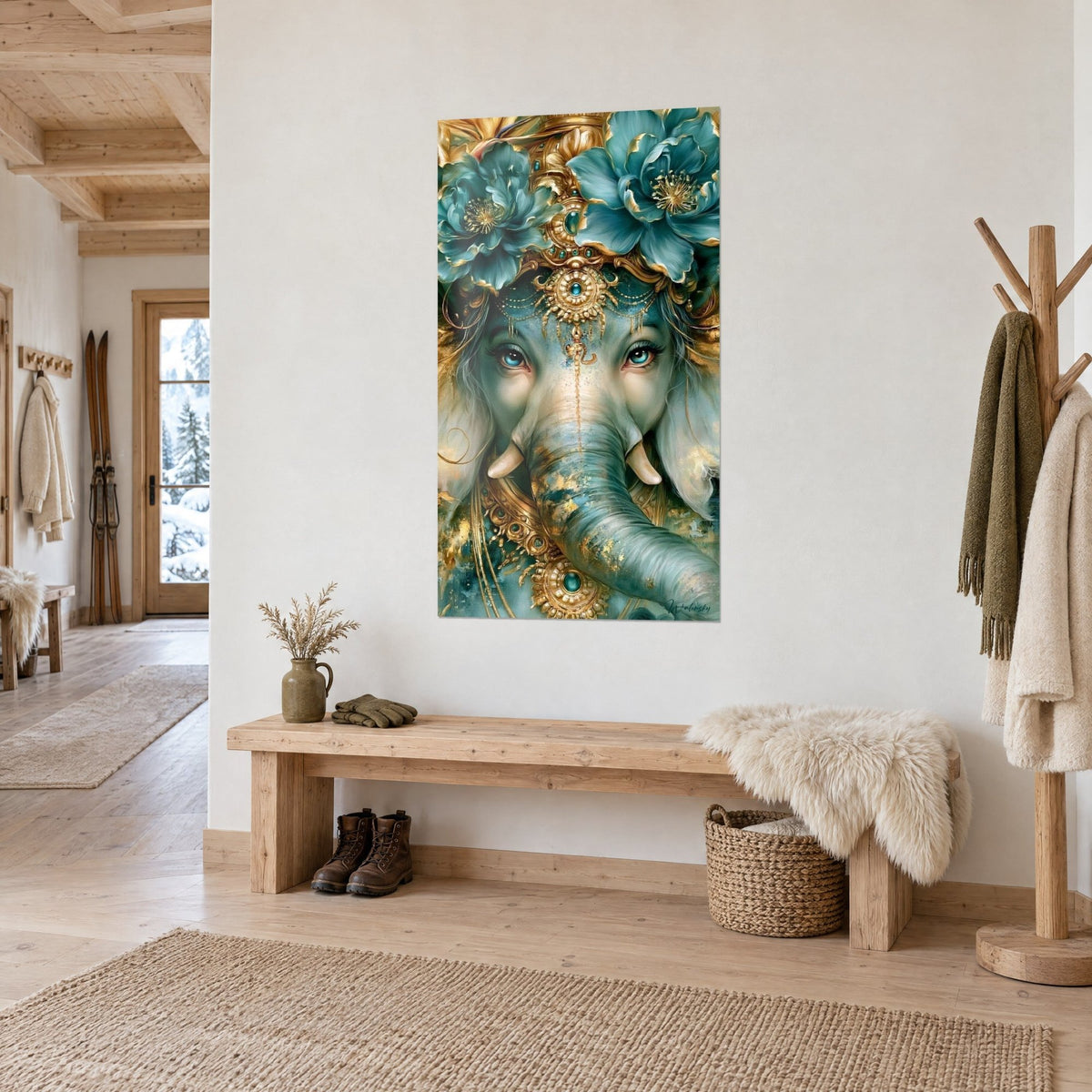 Wall art painted Ganesh, blue-green trunk veined with gold, gem-set diadem, three-quarter view in a chalet