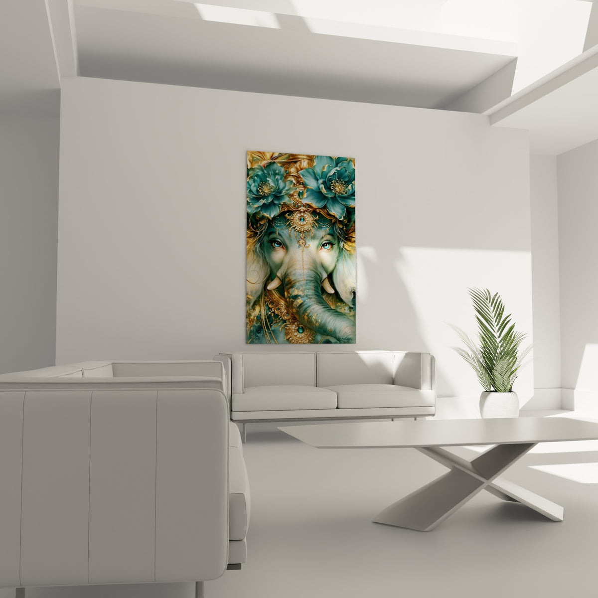 Portrait de Ganesh turquoise et doré, parure florale précieuse, au-dessus d'un canapé dans un salon lumineux