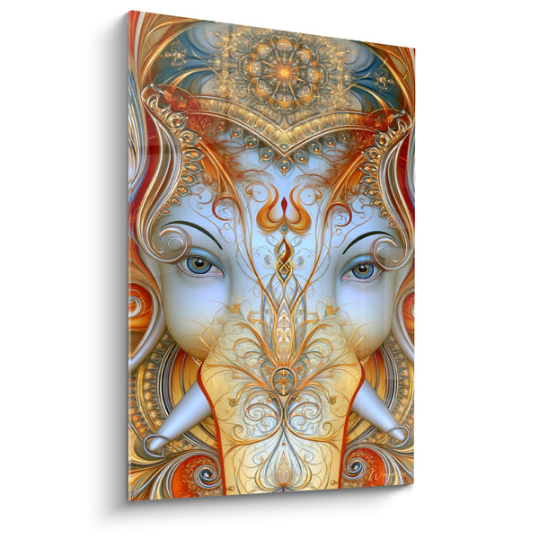 Tableau Éléphant bleu pâle et doré aux yeux perçants - Défenses croisées symétriques - Edition Ganesh