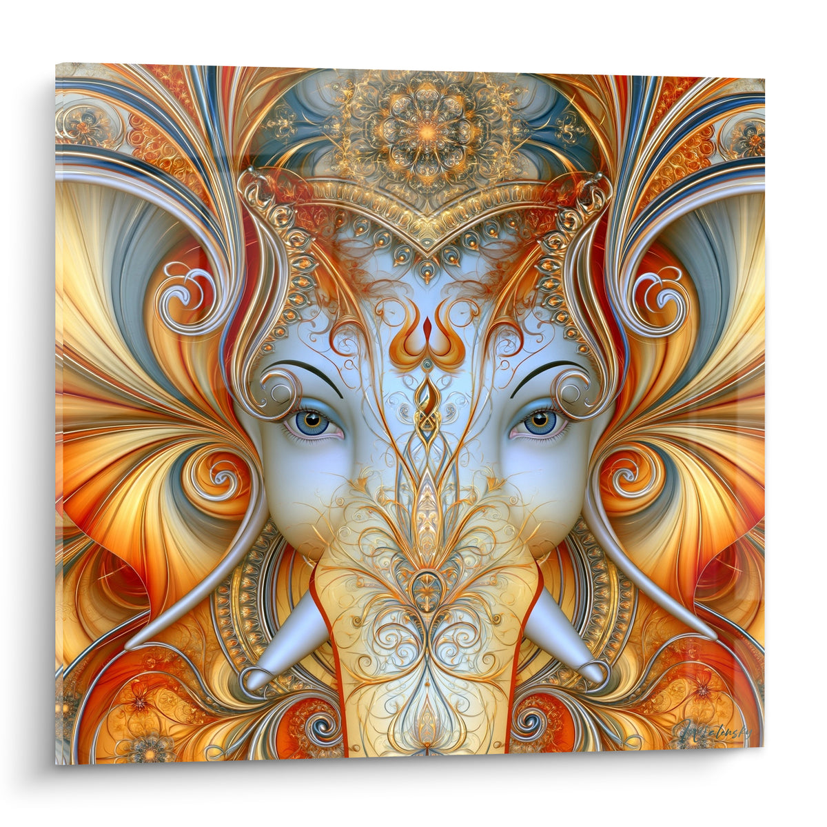 Ganesh doré et bleu pastel au regard serein, ornements dorés et terracotta sur fond clair
