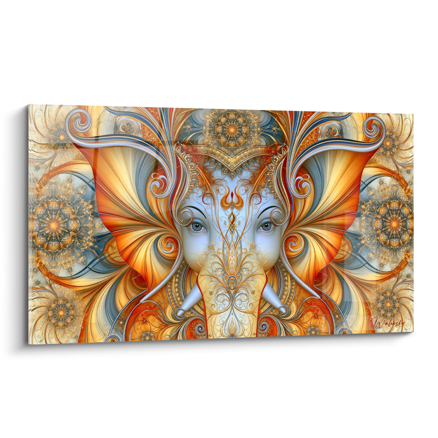 Tableau Éléphant blanc et orange aux oreilles fractales - Défenses ivoire symétriques - Edition Ganesh