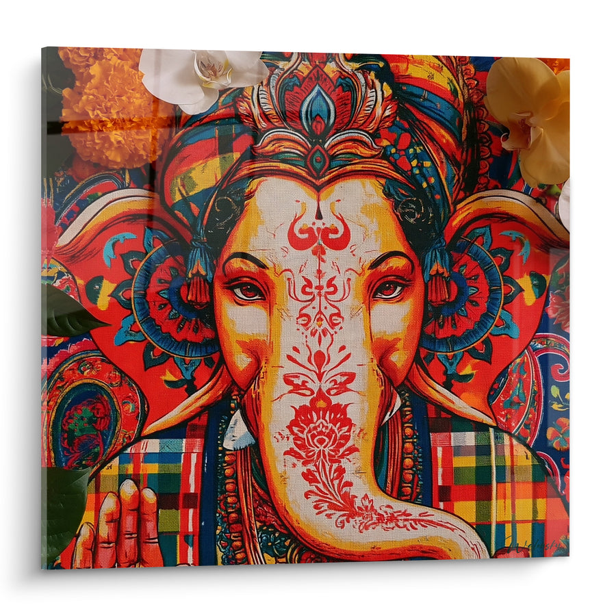 Tableau Ganesh rouge et doré à la trompe fleurie - Fleurs blanches et orange - Edition Ganesh