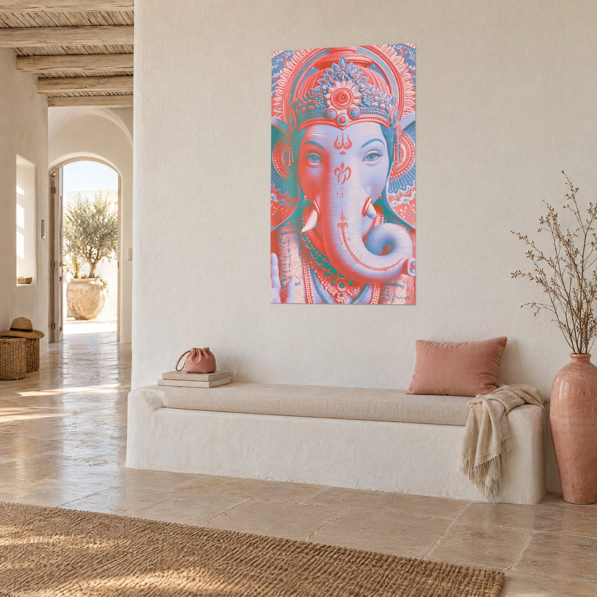 Wall art sacred elephant with sky-blue eyes, finely chiselled coral diadem and ivory tusks, three-quarter view above a white stone bench
