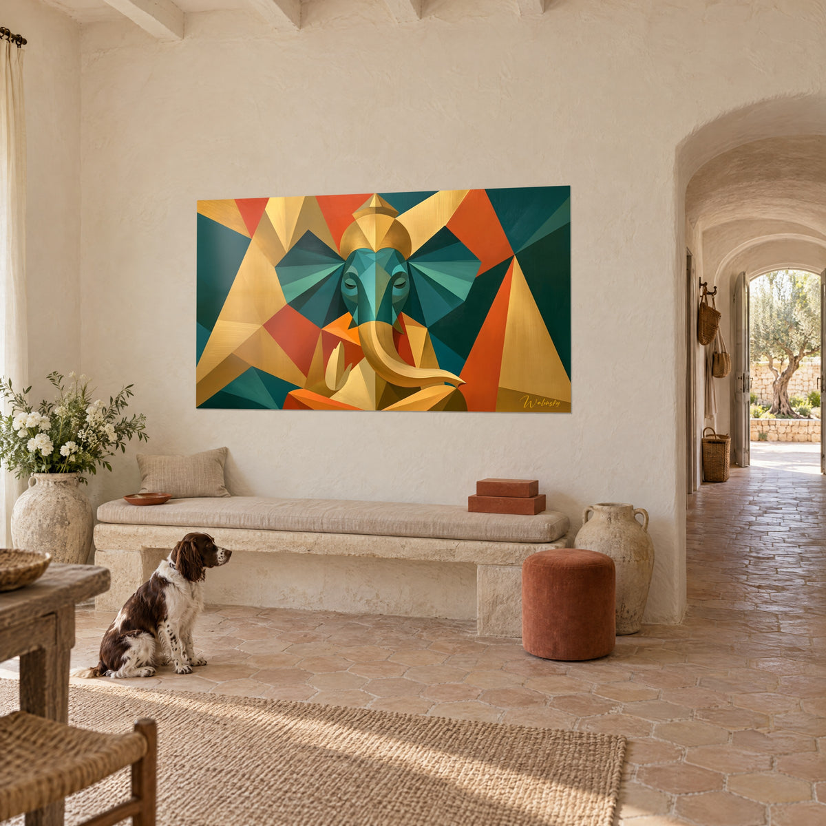 Wall art stylised elephant with large fan-shaped ears in fir green and gold, spaniel sitting in front of a bench, Provençal farmhouse