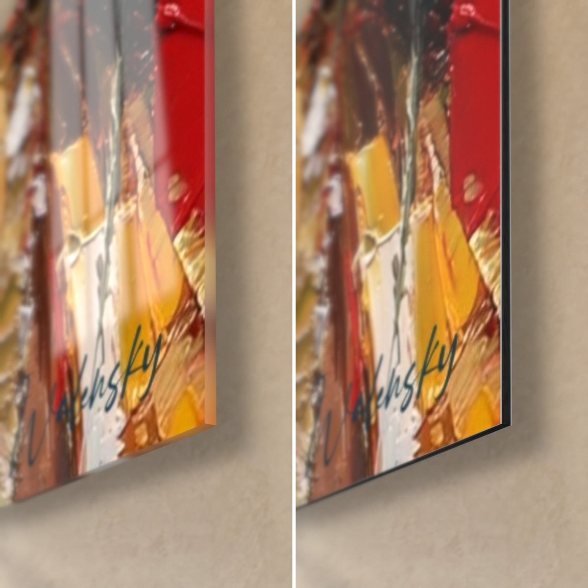 Wall art elephant-headed deity, bottom right corner: glossy acrylic glass on the left, matte Dibond aluminum on the right, 3 mm edge