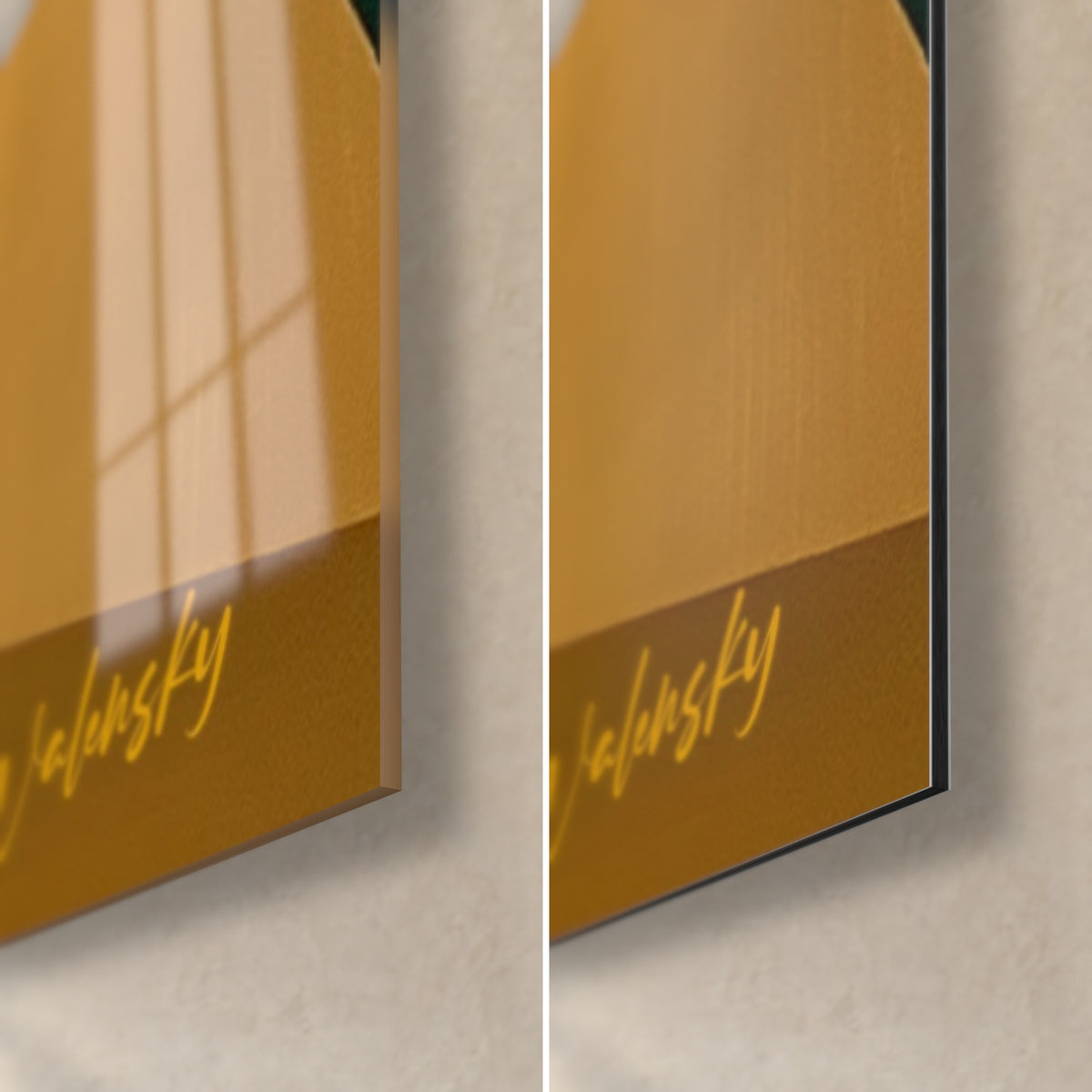 Schilderij gouden olifantengod, gele Walensky-signatuur rechtsonder, hoek van glanzend acrylglas en mat Dibond-aluminium