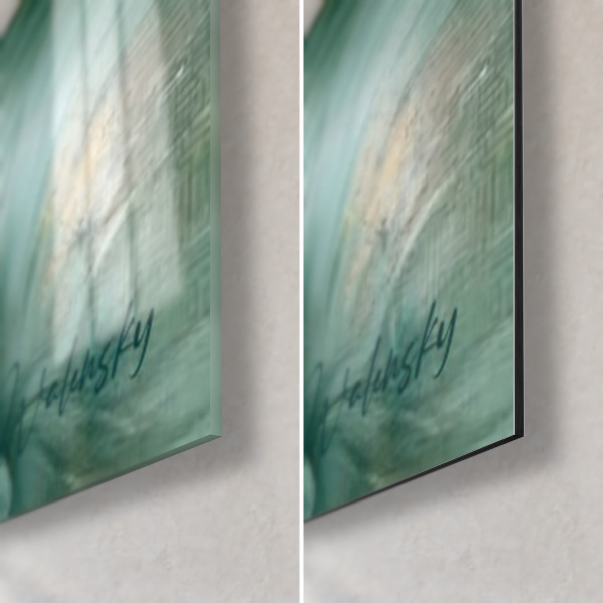 Wall art of a turquoise pachyderm, bottom right corner: glossy glass on the left, matte Dibond on the right, gold signature and 3 mm edge