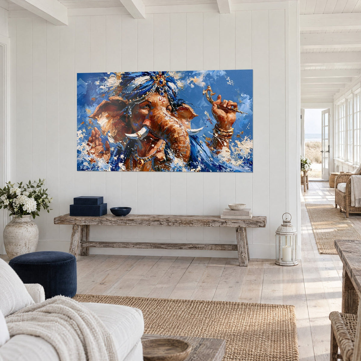 Wall art Ganesh with a copper trunk and ivory tusks on a cobalt blue background, three-quarter view, seaside home