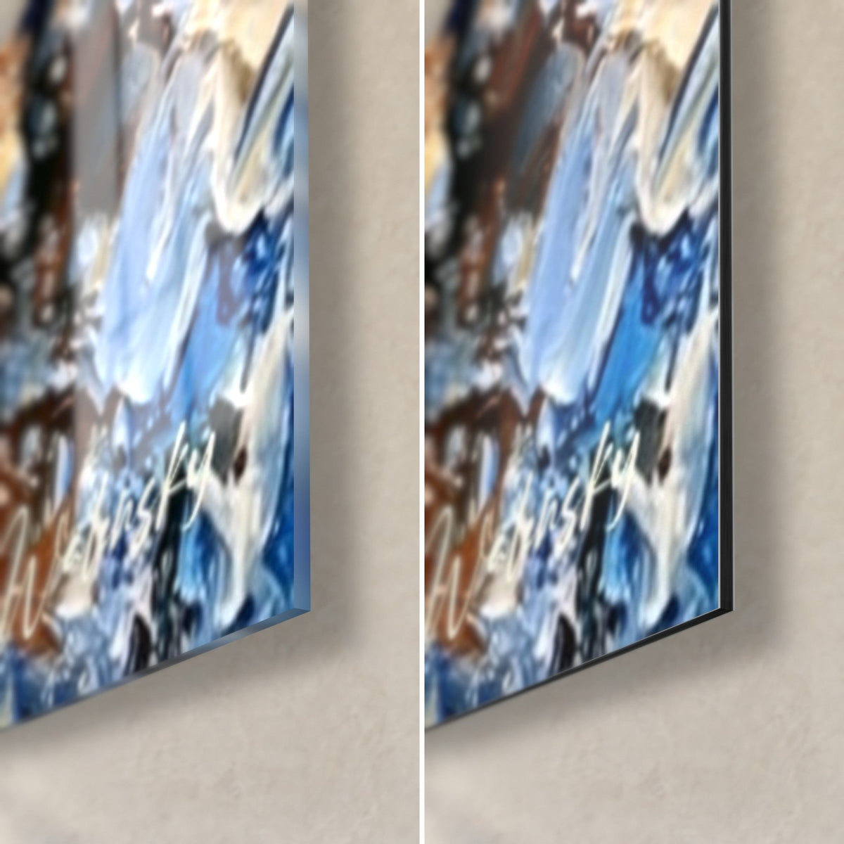Wall art Ganesh, lower right corner: glacier blue and copper brown brushstrokes, glossy glass over matte Dibond, 3 mm edge