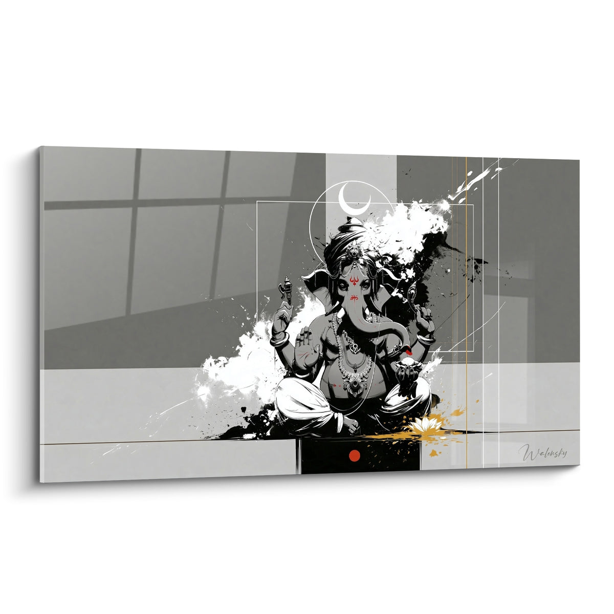 Ganesh gris anthracite jaillissant d'éclaboussures blanches, point rouge et lotus doré au centre