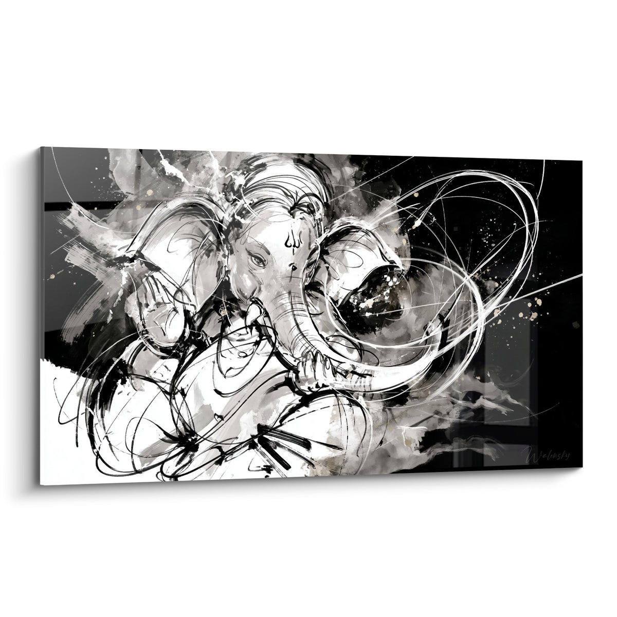 Ganesh en traits d'encre noire et blanche, éclats dorés, composition tourbillonnante et expressive