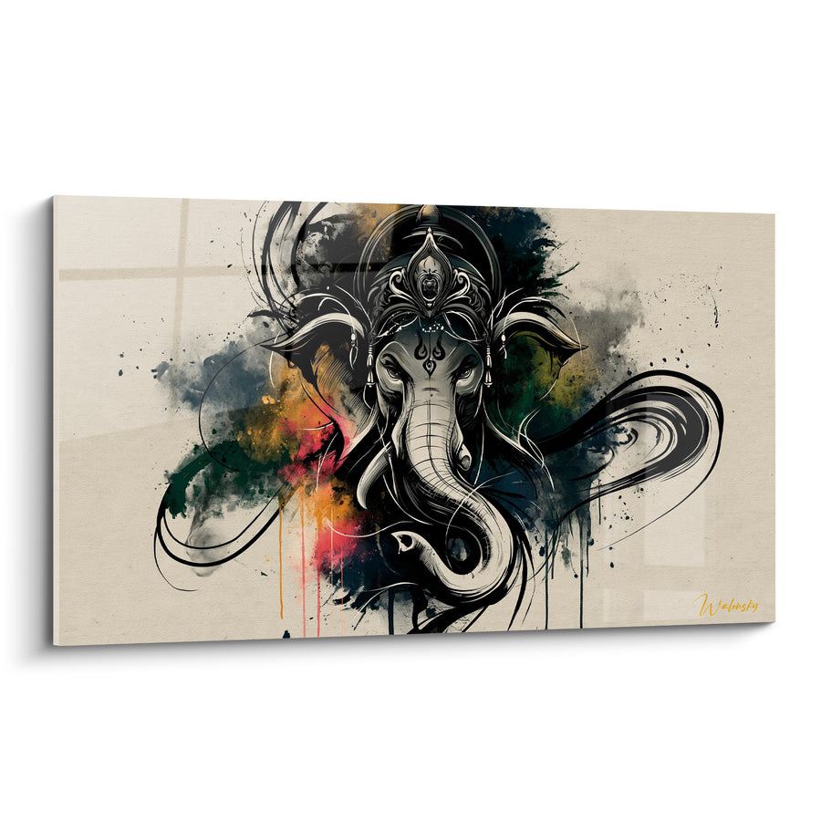 Tableau Éléphant noir et blanc aux éclaboussures colorées - Trompe enroulée en spirale - Edition Ganesh