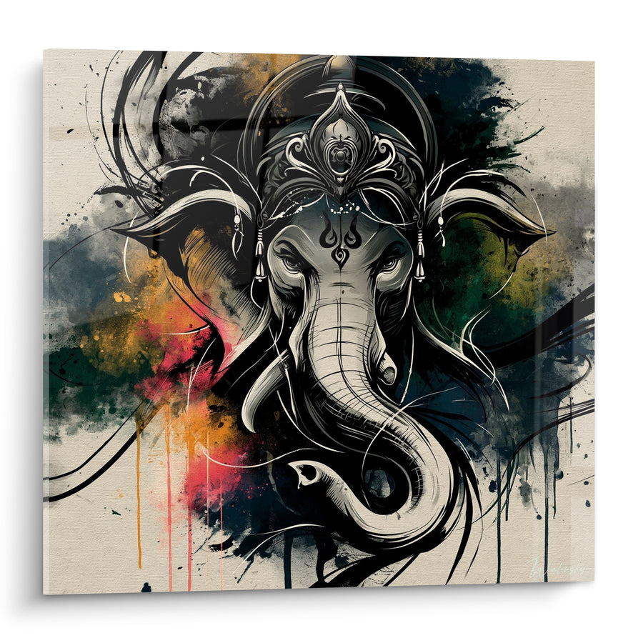 Tableau Ganesh noir et blanc aux éclaboussures multicolores - Couronne ornée détaillée - Edition Ganesh