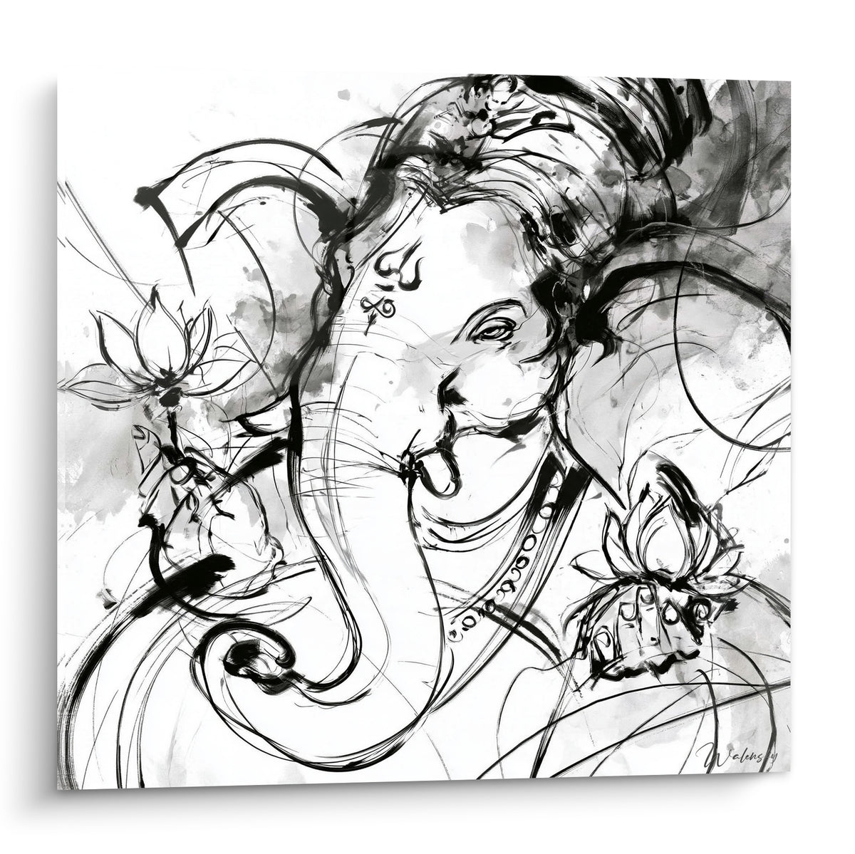 Gemälde Ganesha skizziert in schwarzer und weißer Tusche, eingerollter Rüssel, Lotusblüten, makelloser Hintergrund