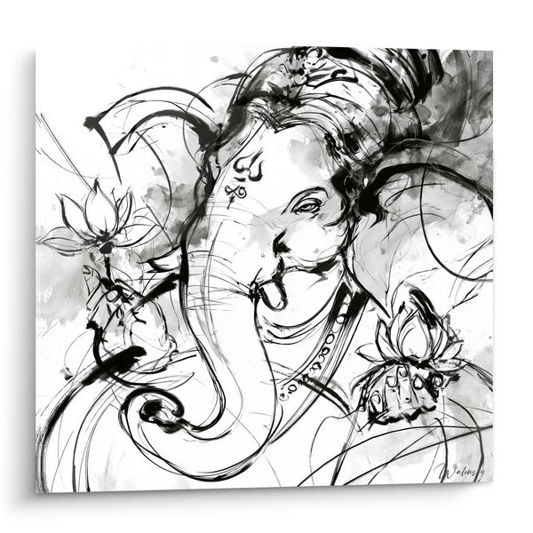 Gemälde Ganesh in Schwarz-Weiß-Tusche mit Lotusblüten - Heiliger Atem - Edition Ganesh