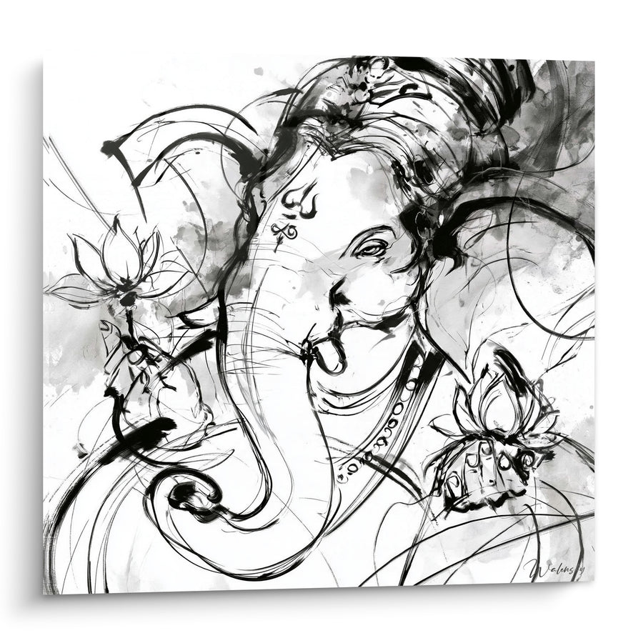 Tableau Ganesh en encre noire et blanche aux lotus - Souffle sacré - Edition Ganesh