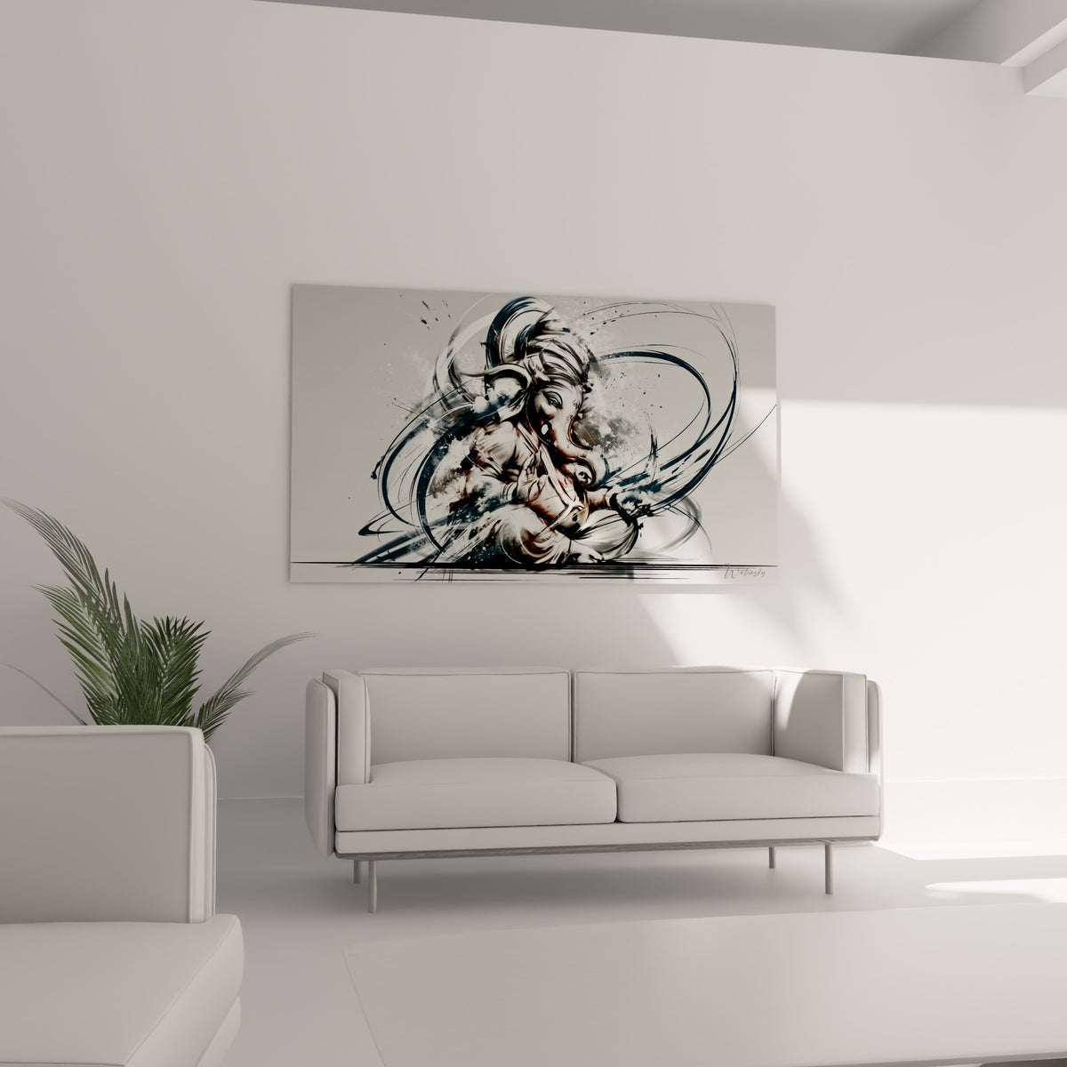 Figure de Ganesh aux courbes bleu anthracite et sépia, au-dessus d'un canapé dans un salon lumineux