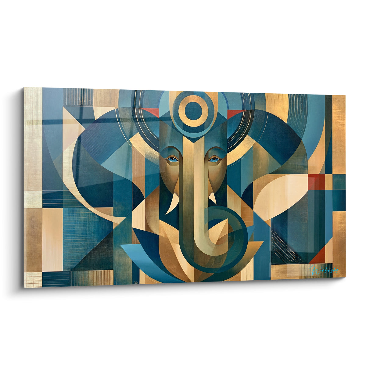 Ganesh géométrique en bleu marine et doré, visage stylisé aux formes cubistes