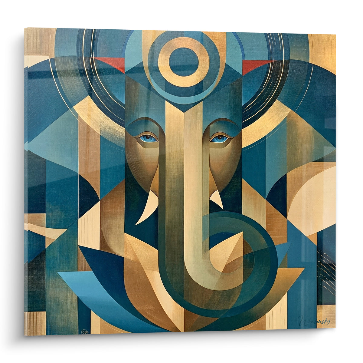 Ganesh géométrique aux teintes bleu marine et dorées, trompe enroulée, regard bleu pastel