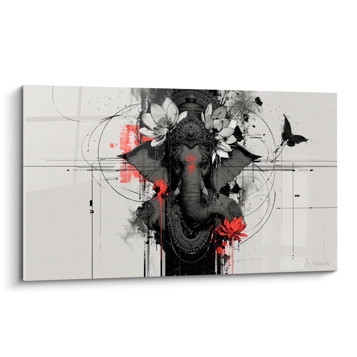Tableau Ganesh gris anthracite orné de lotus blancs et symbole rouge, style graphique et géométrique