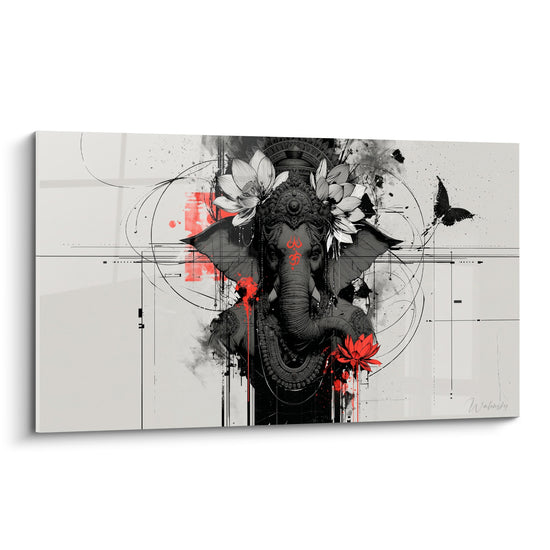 Tableau Ganesh gris et rouge aux lotus blancs - Sérénité sacrée - Edition Ganesh