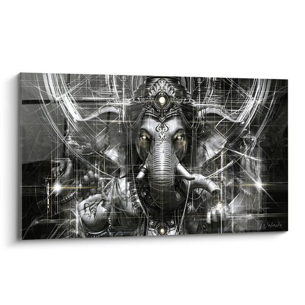 Tableau Divinité éléphant gris et argenté aux lignes lumineuses - Vision céleste - Edition Ganesh
