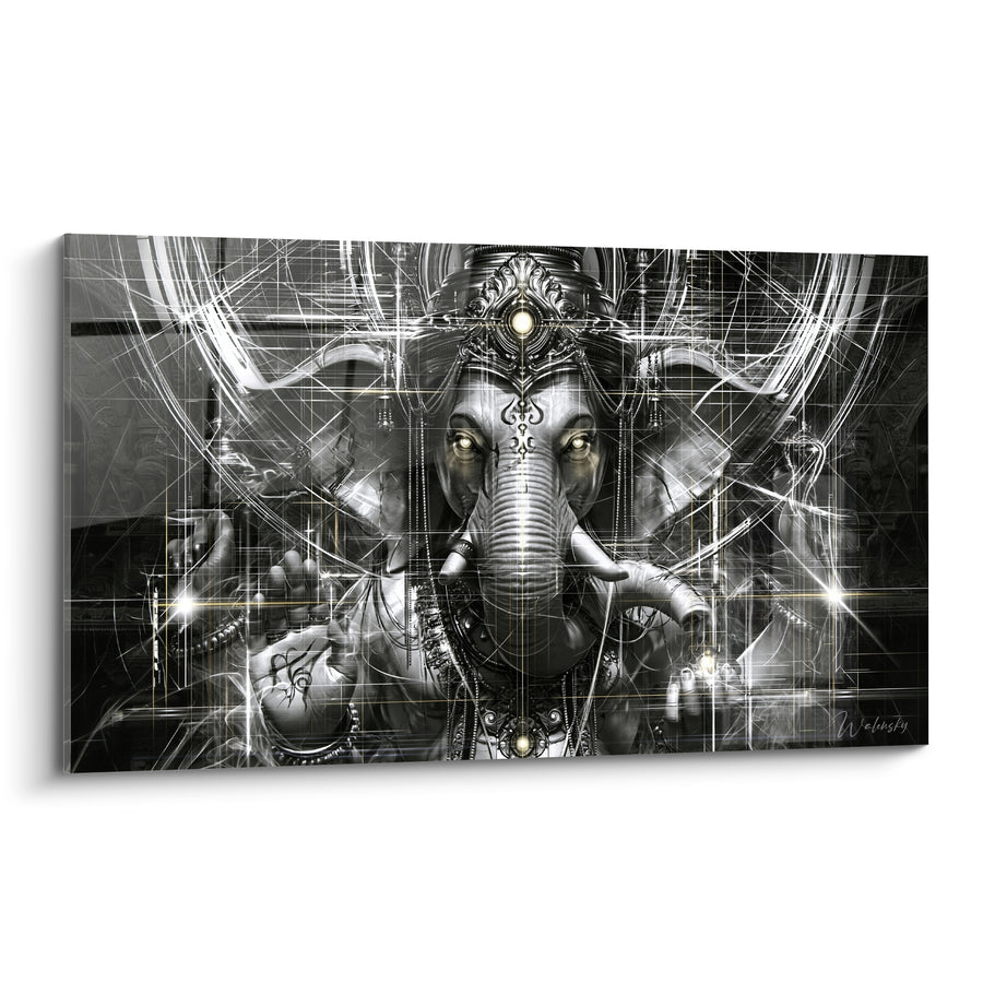 Tableau Divinité éléphant gris et argenté aux lignes lumineuses - Vision céleste - Edition Ganesh