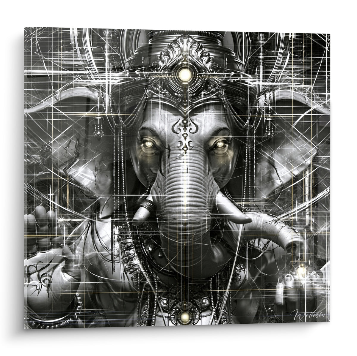 Ganesh gris et doré au regard perçant, traversé de lignes graphiques argentées