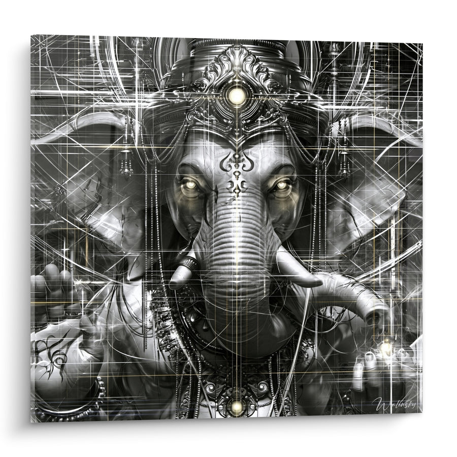 Tableau Ganesh gris et doré aux lignes graphiques - Vision sacrée futuriste - Edition Ganesh