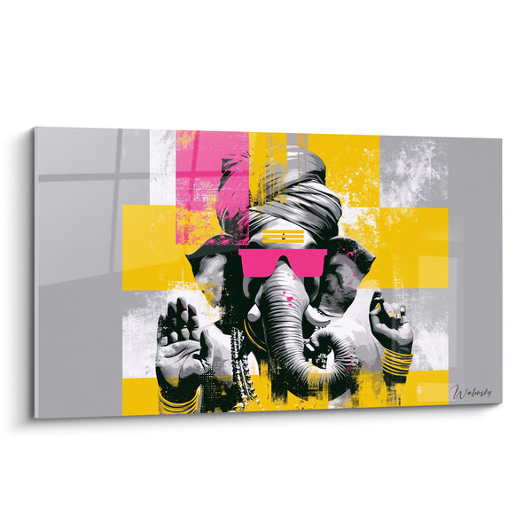Schilderij Ganesh roze zonnebril en gele achtergrond - Rebelse godheid - Editie Ganesh