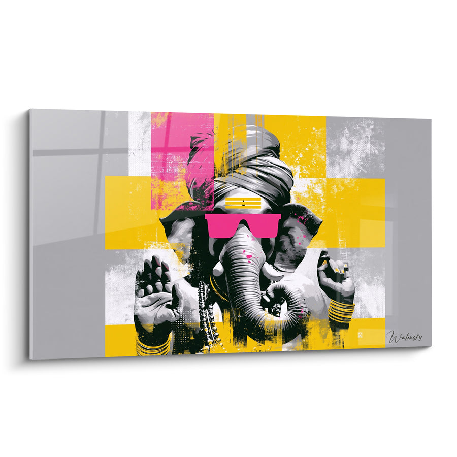 Tableau Ganesh lunettes roses et fond jaune - Divinité rebelle - Edition Ganesh