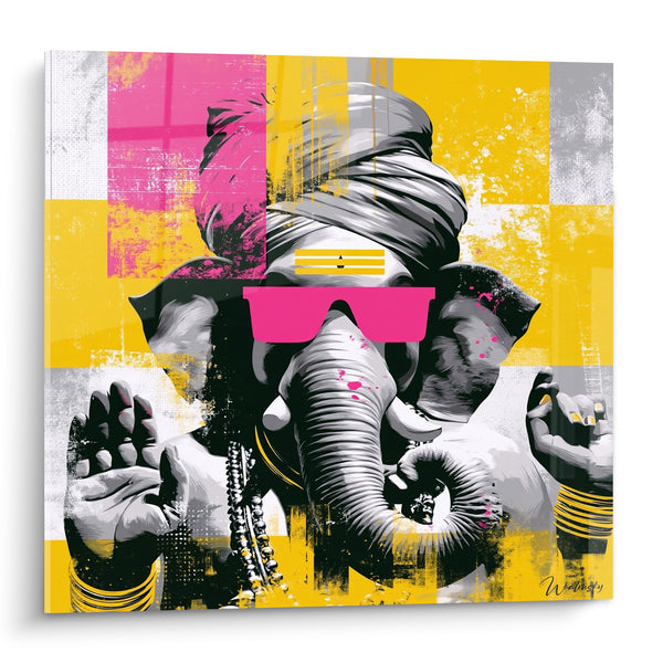 Tableau Ganesh aux lunettes roses et fond jaune - Insolence sacrée - Edition Ganesh