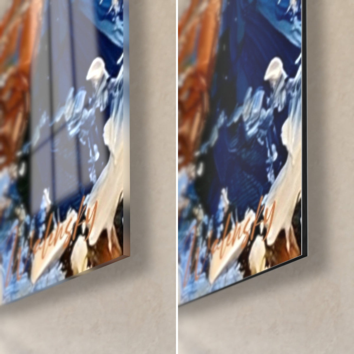 Tableau divinité éléphant, coin bas droit: verre acrylique brillant à gauche, alu Dibond mat à droite, tranche de 3 mm