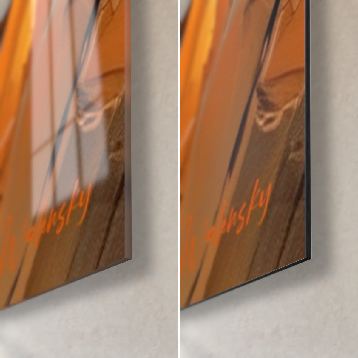 Wall art Ganesh in orange and brown, bottom right corner: glossy acrylic glass with reflections and matte Dibond aluminium, 3 mm edge visible