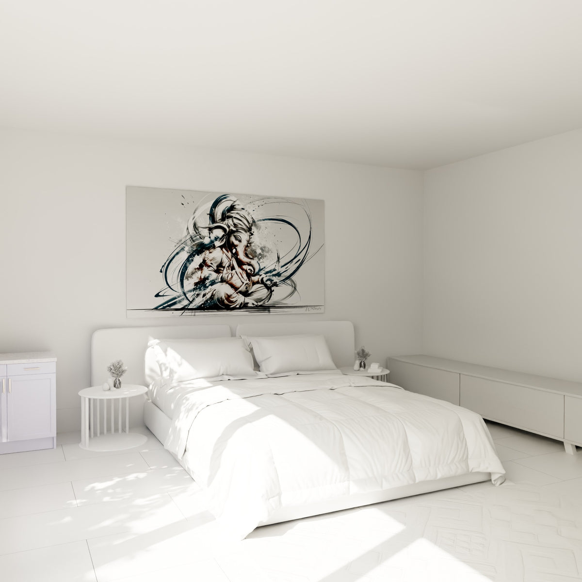 Divinité Ganesh sépia et bleu anthracite en méditation, au-dessus d'un lit dans une chambre claire