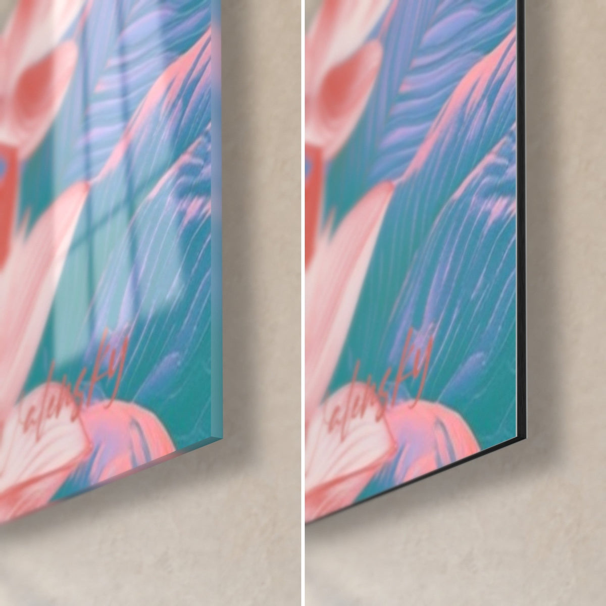 Tableau divinité à tête d'éléphant, feuilles de lotus turquoise et rose, coin bas droit en verre brillant et Dibond mat, tranche 3 mm