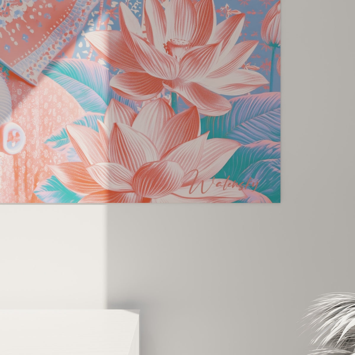 Détail des motifs mandala corail et bleu-gris, grain fin et dégradés aquarelle sur la trompe de Ganesh
