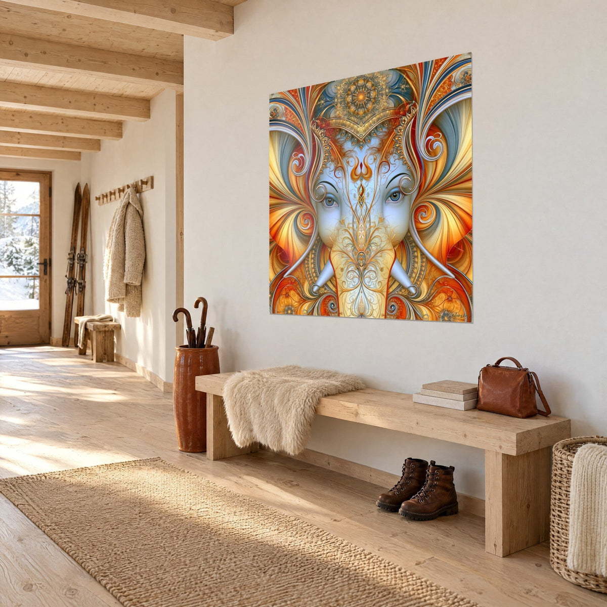 Wall art trunked deity adorned with gilded arabesques, in pale blue and amber tones, in a mountain chalet