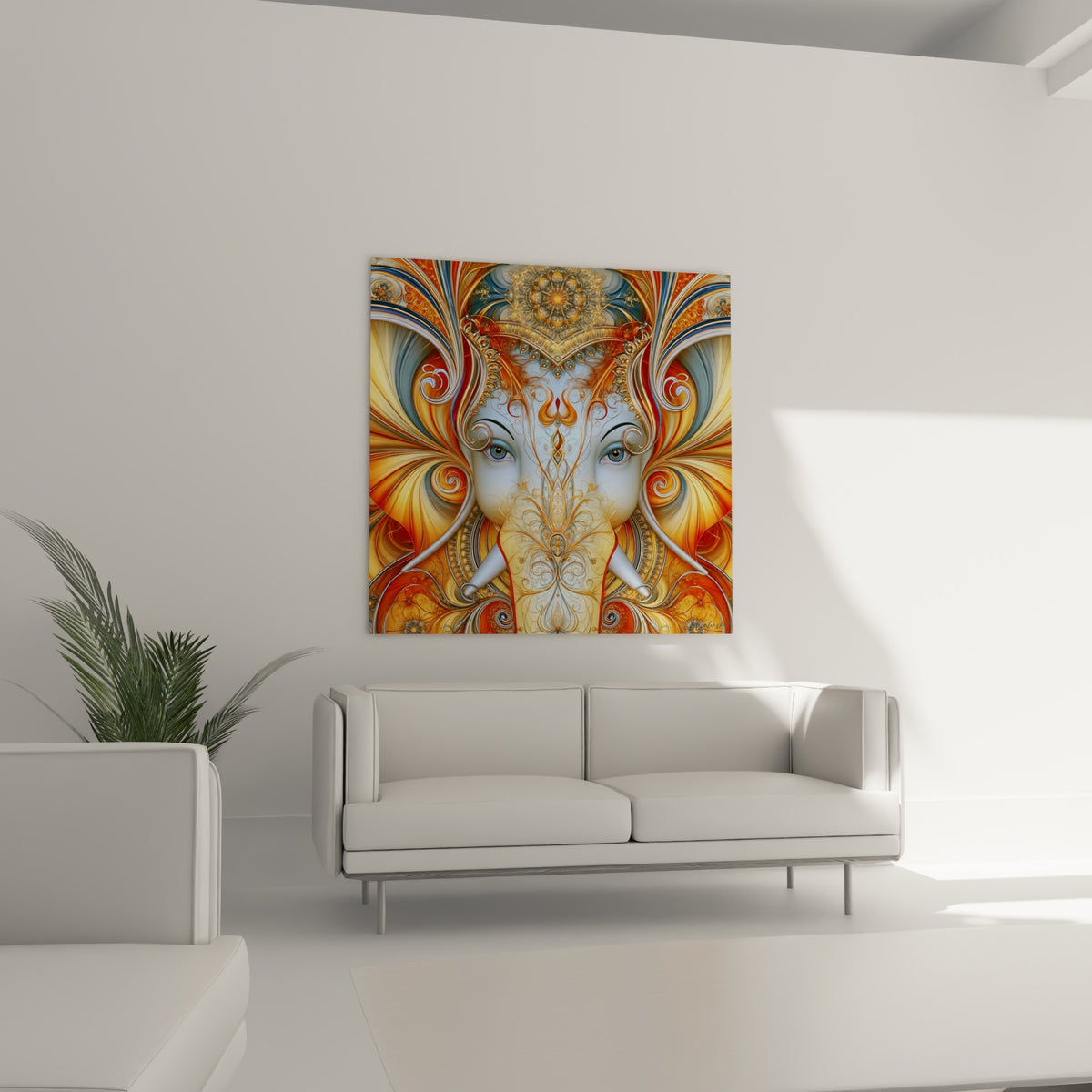 Divinité Ganesh ocre et bleu pastel aux motifs symétriques dorés, au-dessus d'un canapé dans un salon lumineux