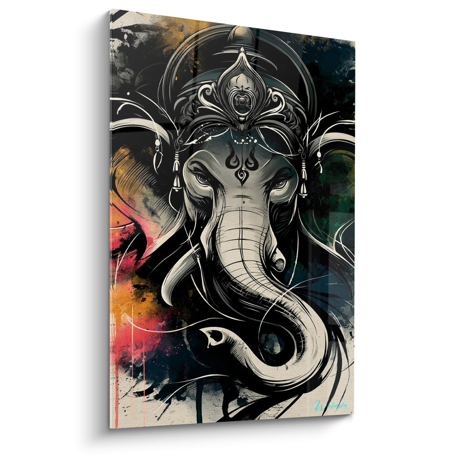 Tableau Éléphant noir et blanc au troisième œil marqué - Fond éclaboussé multicolore - Edition Ganesh