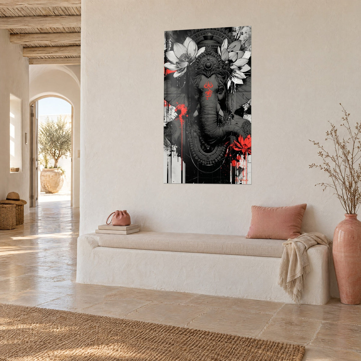 Wall art elephant deity with trunk in black and white ink, red splashes and carmine lotus, three-quarter view, light beige wall