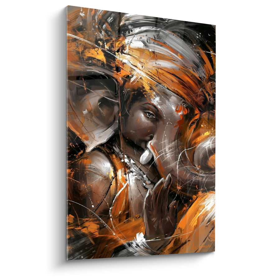 Tableau Ganesh orange et brun à la défense blanche - Main levée bénissante - Edition Ganesh