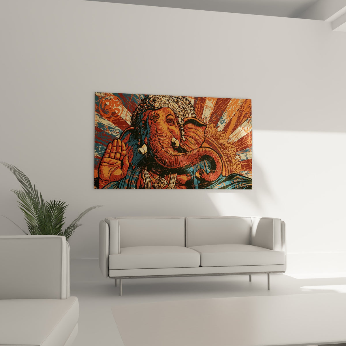 Ganesh couronné, teintes ocre et bleu pétrole, au-dessus d'un canapé dans un salon lumineux