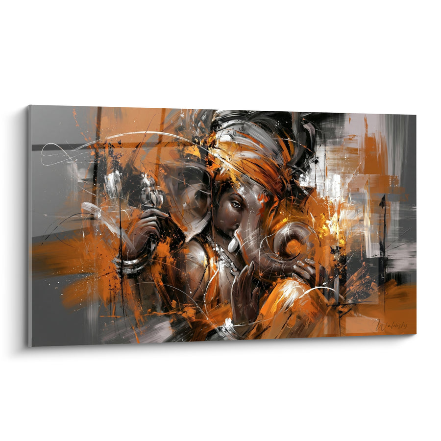 Tableau Ganesh en touches orange et anthracite - Sérénité divine - Edition Ganesh