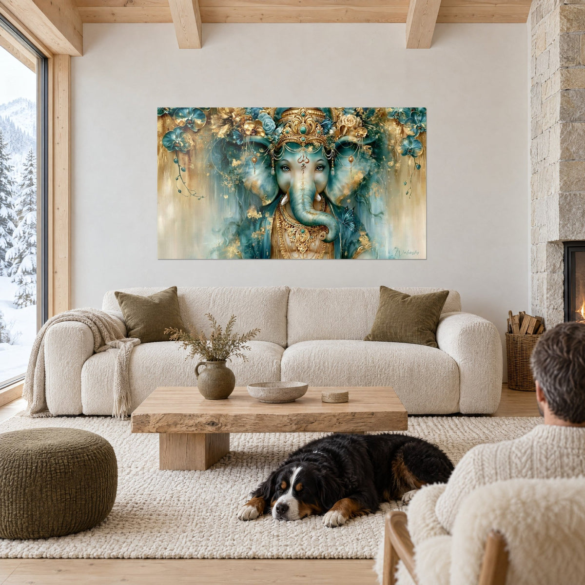 Wall art Ganesh elephant-headed deity in turquoise, gold crown and blue orchids, a black dog lying down, above a sofa in a bright living room