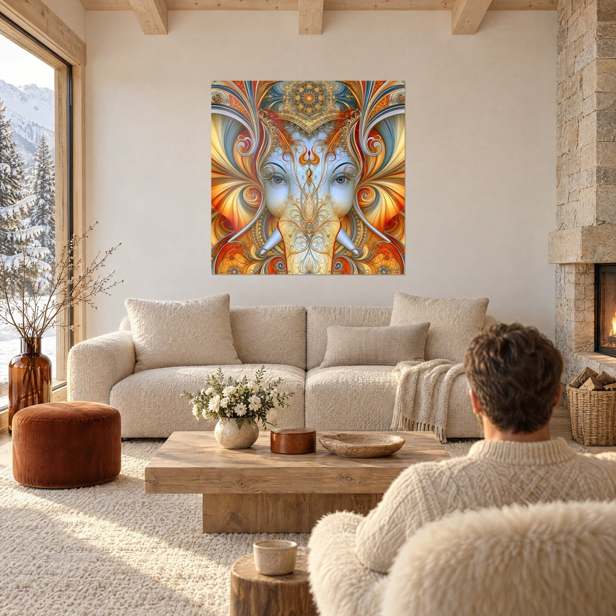 Wall art Ganesh elephant with orange and steel-blue scrollwork on the ears, above a sofa in a bright living room